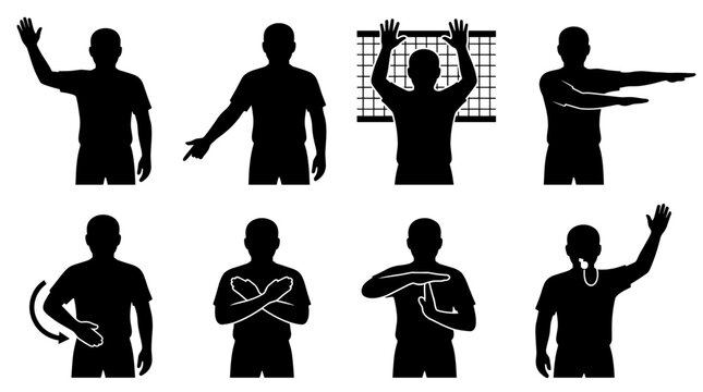 Set of black silhouettes of men making diverse gestures, hand signals and nonverbal communication, human interaction, body language, instruction