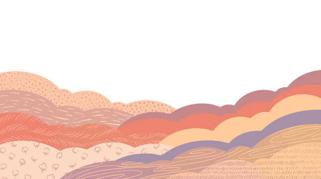 Wavy landscape layers with textured patterns in pastel terracotta and purple tones, perfect for seamless backgrounds, decorative borders, wallpaper
