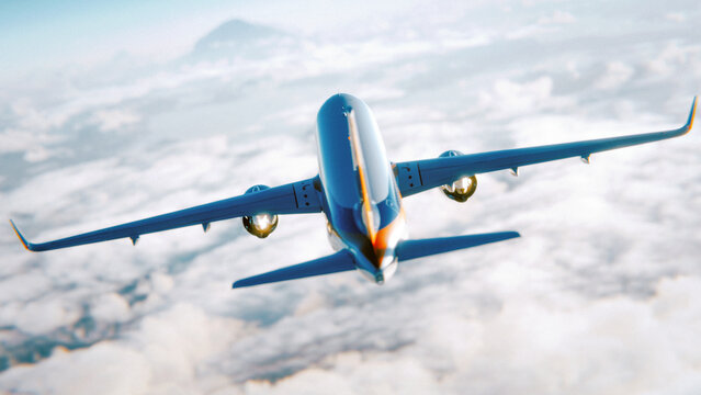 Commercial airplane flies high above the clouds during a journey