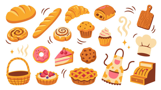 Collection of assorted baked goods, fresh bread, pastries, cake, doughnut, cookie, chef hat, apron, basket, culinary elements for bakery branding