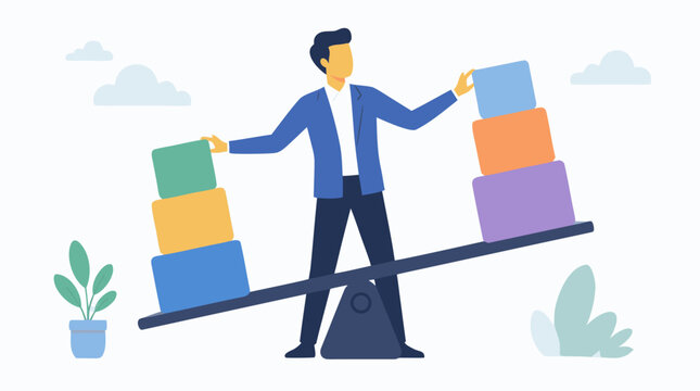 Faceless manager balancing colorful workload blocks on a tilting beam, modern capacity planning metaphor for resource allocation, project prioritization, team bandwidth, and business stability vector