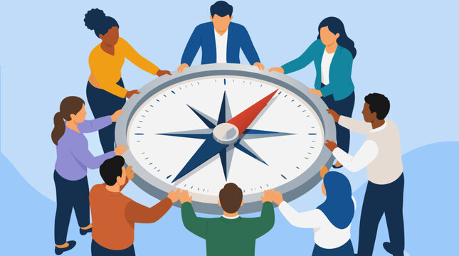 Diverse faceless team rotating a giant compass dial to realign company direction, collaborative flat vector illustration of strategic planning, leadership alignment and shared business vision