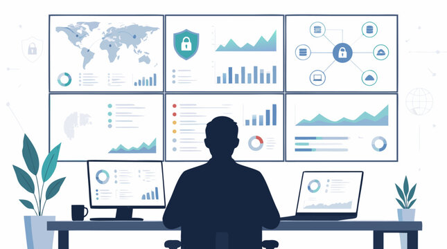 Faceless engineer monitoring a wall of network security dashboards with locks, world map, charts and cloud nodes, clean flat vector illustration of cybersecurity operations center and threat analytics