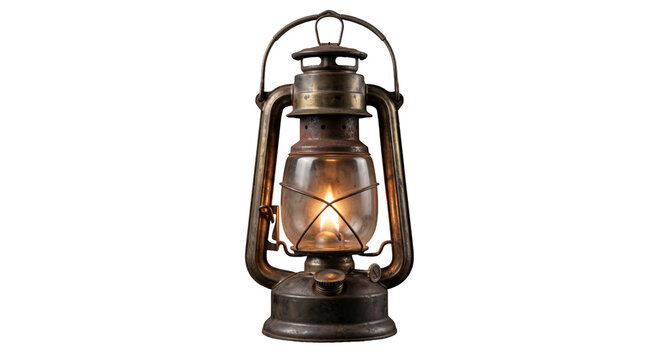 Vintage kerosene lantern with a warm glowing flame and rustic metal details