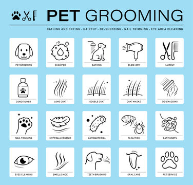 Pet grooming icon set for dog and cat care. The outline vector icons are well scalable and editable for packaging label design. Great for infographic for different backgrounds. EPS10.