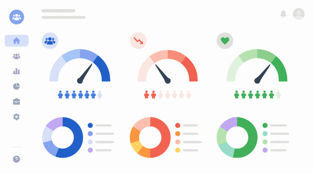 Human resources analytics dashboard vector layout with headcount gauges, attrition trends, engagement scores, donut charts and employee metrics for modern workforce management software