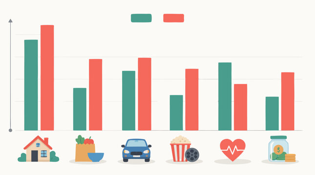 Saving versus spending comparison infographic with teal and coral bar charts across home, groceries, car, entertainment, health and money categories, clean flat vector finance dashboard