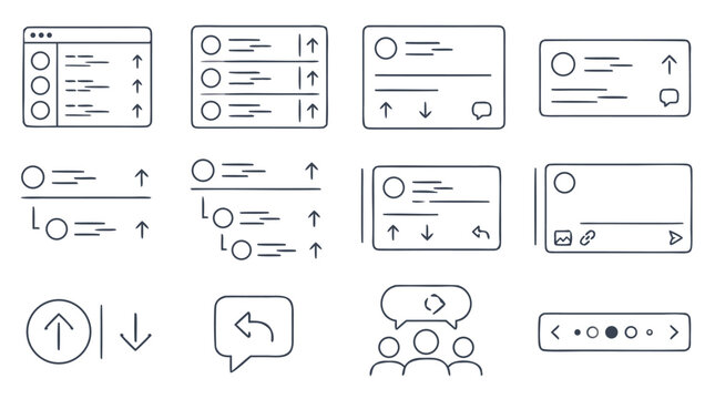 Community forum line icon set showing thread lists, upvote and downvote arrows, nested replies, comment cards, media posts and pagination controls in editable stroke vector style for apps