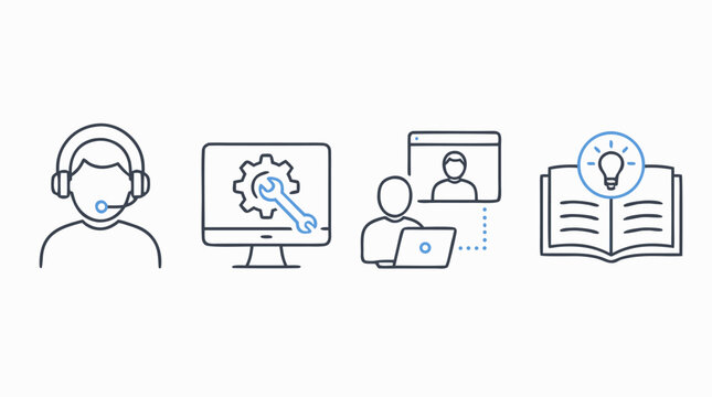 Minimalist tech support outline icon set with headset agent, troubleshooting monitor, remote assistance call and knowledge base, editable vector for help desk software and IT service workflows