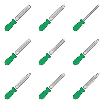 Set of nine different metal files with green handles, each showing a unique rasping surface texture and cutting pattern, isolated on a white background