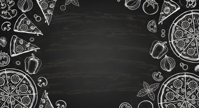 Chalkboard pizza illustration with vegetables and italian ingredients