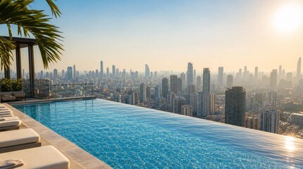 Fototapeta premium Rooftop infinity pool with lounge chairs and palm leaves overlooks a hazy modern city skyline at sunset, perfect for luxury hotel and urban travel promotions.