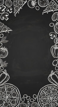 Chalkboard illustration of italian food pizza tomatoes and peppers