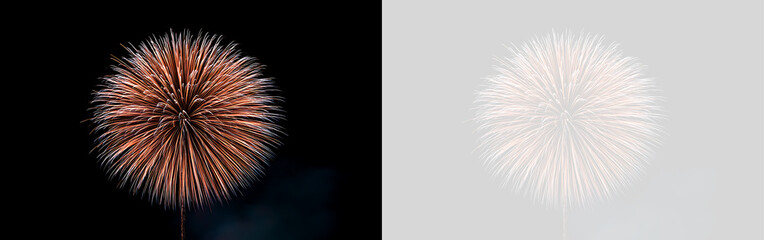 Obraz premium Large spherical orange firework burst. Isolated copper pyrotechnic explosion on black and transparent background. New Year celebration element
