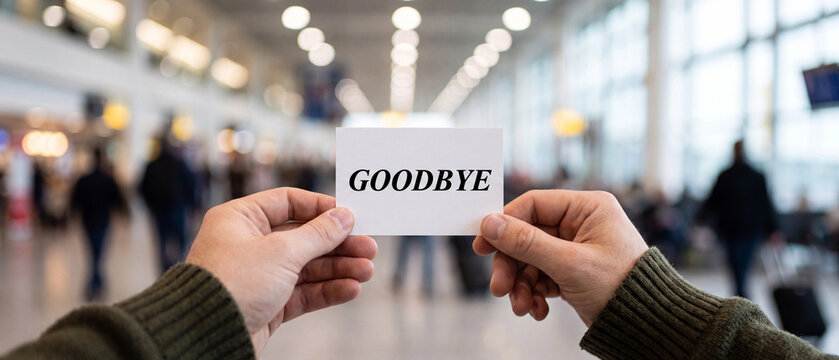 Closeup of hands holding a white card with the word goodbye written on it in an airport terminal