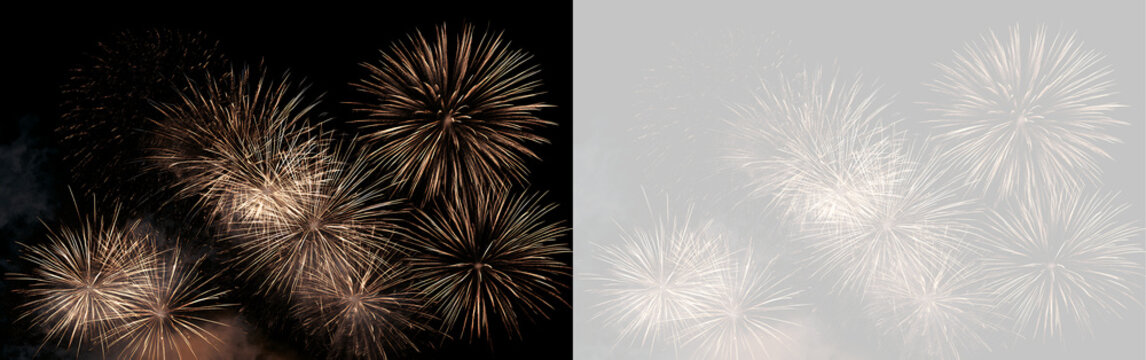 Multiple golden fireworks bursting isolated on black and transparent background. Glowing pyrotechnics for holiday celebration design