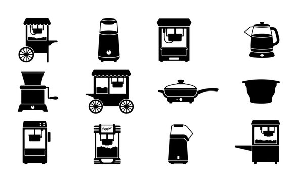Popcorn Machine Icons, Vintage Cart & Kettle Vector Set: Snack Equipment Graphics for Food Service and Entertainment