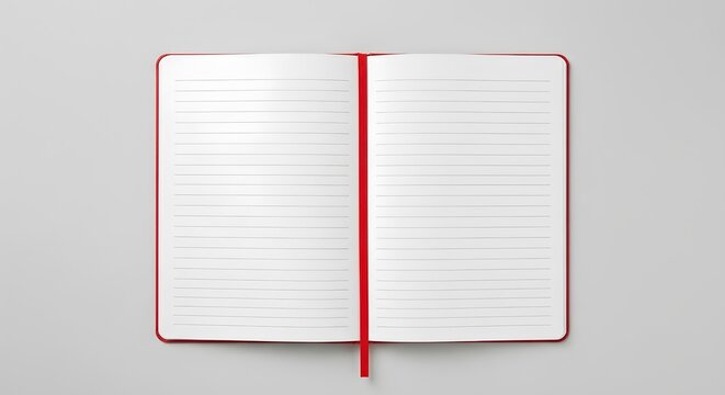 Open lined red notebook with center ribbon marker - Stationery office education concept - Horizontal banner asse