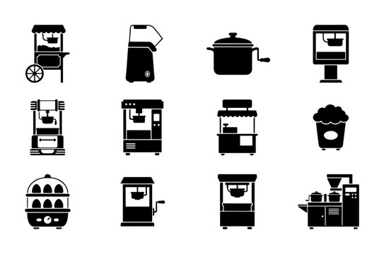 Popcorn Machine Icons, Vintage & Modern Snack Equipment Vector Set, Cinema & Event Food Cart Graphics