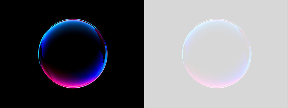 Iridescent transparent sphere with neon blue and pink gradient. Glowing 3D glass bubble on black and transparent background. Modern holographic orb