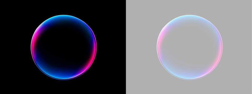 Glowing transparent orb with iridescent neon gradient. 3D glass sphere with blue and magenta edges on black and transparent background. Modern bubble element