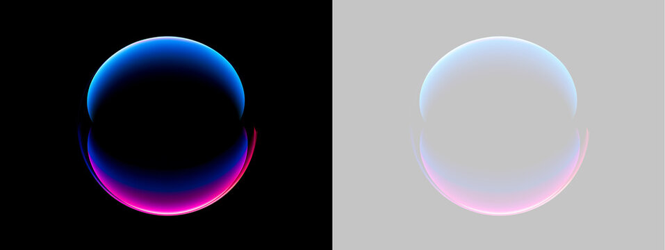 Luminous 3D glass sphere with neon blue and pink edges. Transparent iridescent bubble on black and transparent background. Floating holographic orb