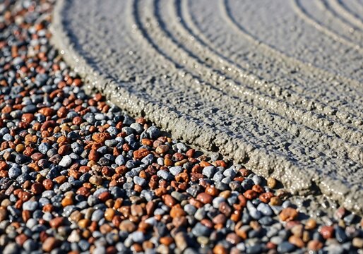 Close up of wet concrete being poured over a bed of colorful small river rocks on a construction site