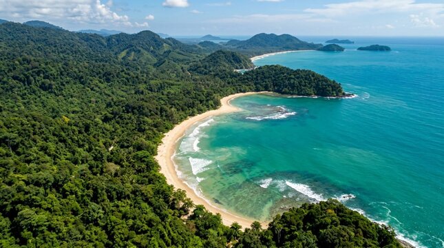 An aerial view of a lush tropical rainforest coastline with curved sandy beaches and turquoise bays, ideal for travel, ecotourism, and nature destination promotion.