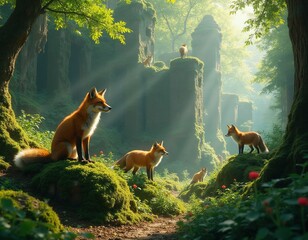 Fototapeta premium Group of wild red foxes stand near mossy ancient stone ruins in green forest. Sunlight beams shine through tree leaves into mysterious woodland landscape. Cute animals explore overgrown historical