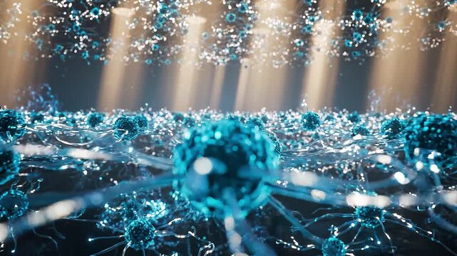 Blue glowing particles with intricate connections illuminated by beams of light create a dynamic visual of interconnectedness in a dark environment