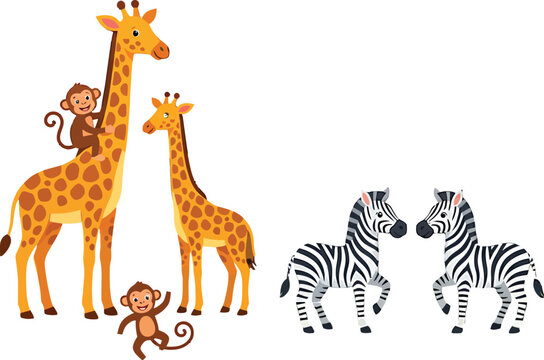 Cute cartoon safari animals including giraffes monkeys and zebras isolated on white background vector illustration set