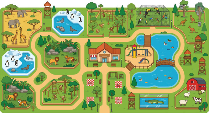 Zoo map illustration with various animal enclosures and park facilities in a flat colorful vector style