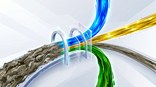 Mixed grey waste through sorting gates blue plastic gold metal green organic separated, MRF sorting