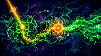 Fototapeta premium Photon gold absorbed green chlorophyll amber reaction centre green energy flow dark, photosynthesis