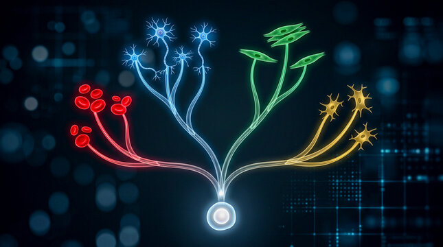 White stem cell branching to red blue green gold specialised cell types dark, stem cell differentiation