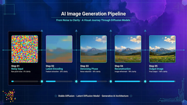 Modern AIGC software interface displaying multi-layer progressive digital image generation workflow template.