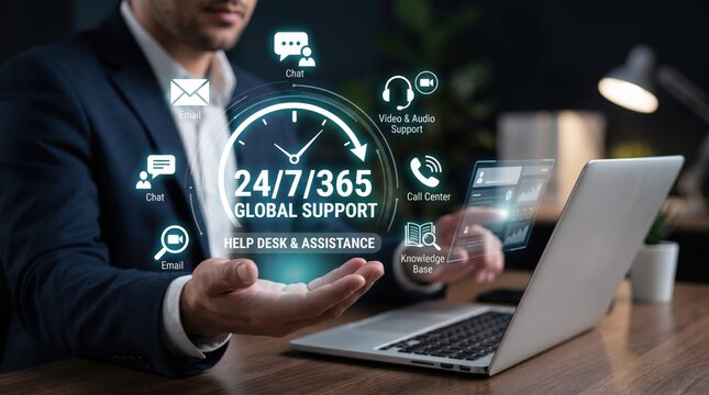 Global customer support service concept with 24/7 availability icons for chat, email, video call center and knowledge base assistance on laptop screen for business help desk sol...