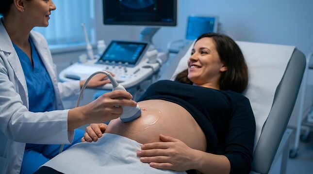 Pregnant woman having an ultrasound scan in a medical clinic