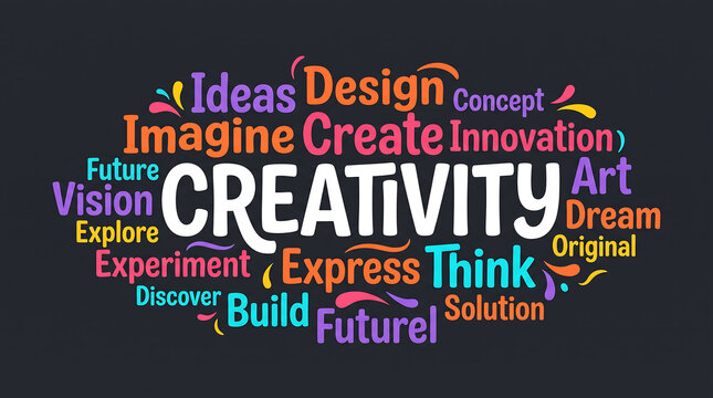 Colorful word cloud with creative terms like imagination innovation and art on dark background  concept of inspiration and ideas