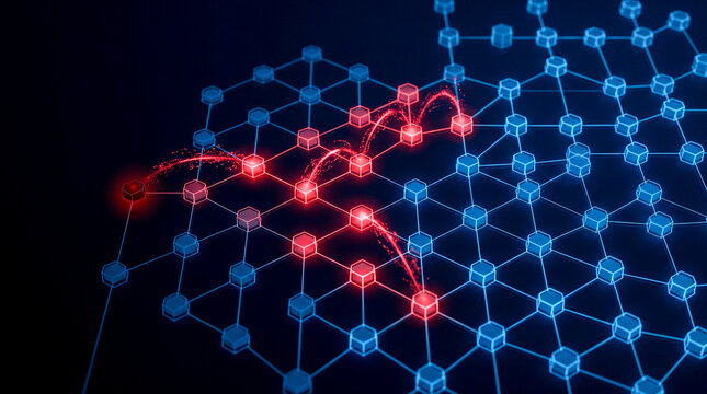 Blue network grid red APT lateral movement node to node deeper interior dark, APT cybersecurity
