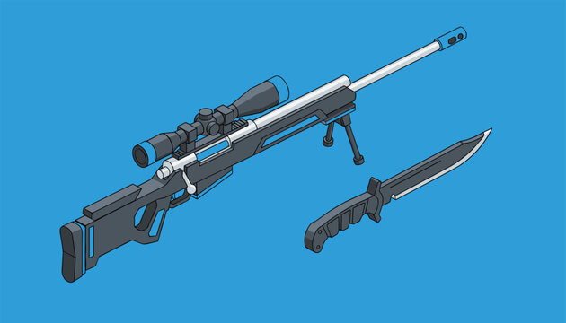 Detailed isometric model of a grey and blue military sniper rifle with a scope, shown next to a tactical combat knife.