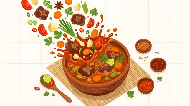Oxtail Soup Ingredients Splashing into Bowl, Dynamic Overhead View of Traditional Dish with Vegetables and Spices, Flat Illustration with Copy Space