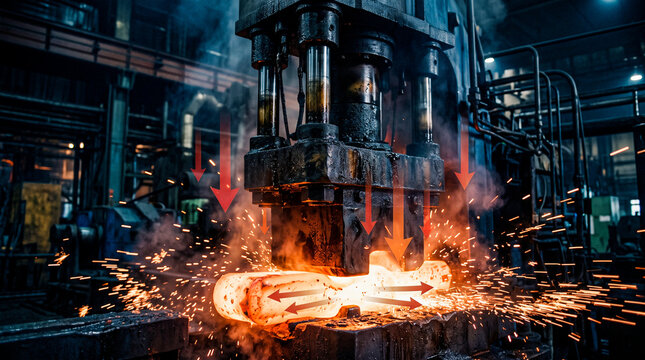 Forge die impact orange-white flash steel billet flow deformation dark void, metal forming concept