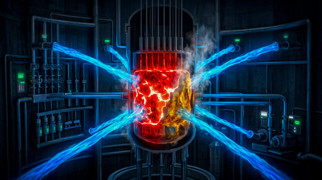 Red-orange reactor core blue ECCS coolant streams flooding from all sides amber cooling dark, ECCS