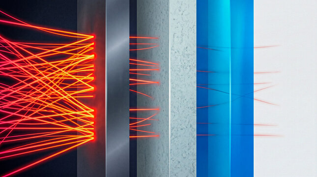 Red radiation tracks attenuating through lead concrete water layers progressively dimmer, shielding