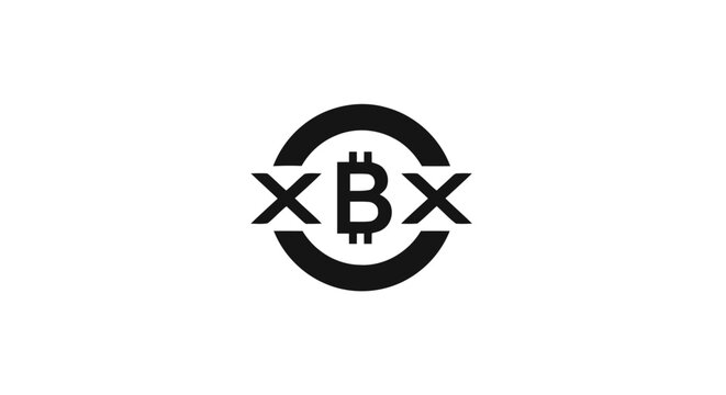 A minimalist black and white symbol featuring the Bitcoin cryptocurrency logo integrated within a circular emblem design for digital finance concepts
