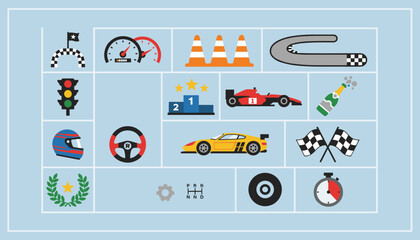 Obraz premium Diverse set of racing icons including speedometers, race cars, helmets, flags, and a trophy on a blue background.