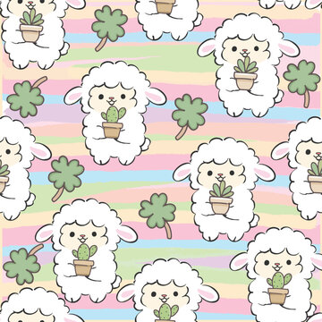 Cute white sheep holding flower pot surrounded by clover seamless pattern