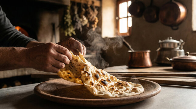 Freshly Baked Flatbread Being Torn Apart in Rustic Kitchen