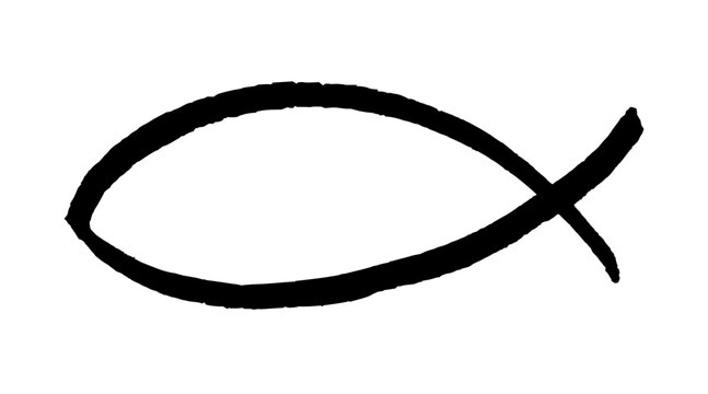 Christian fish hand drawn symbol drawing. Black doodle style hand drawn object. Simple isolated outline.